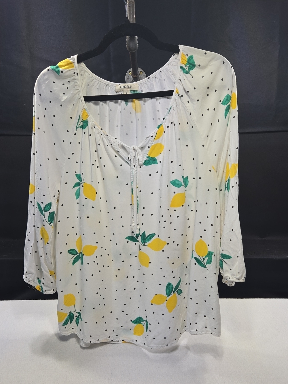 Como Blue White Lemon-Print Peasant Top with Green Accents